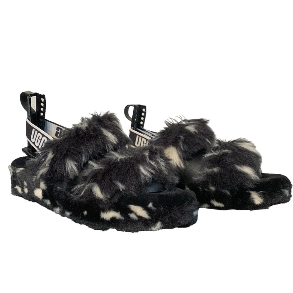 UGG Oh Yeah Spots Fur Slide Sandals Black White Women's Size 10 - Picture 2 of 10